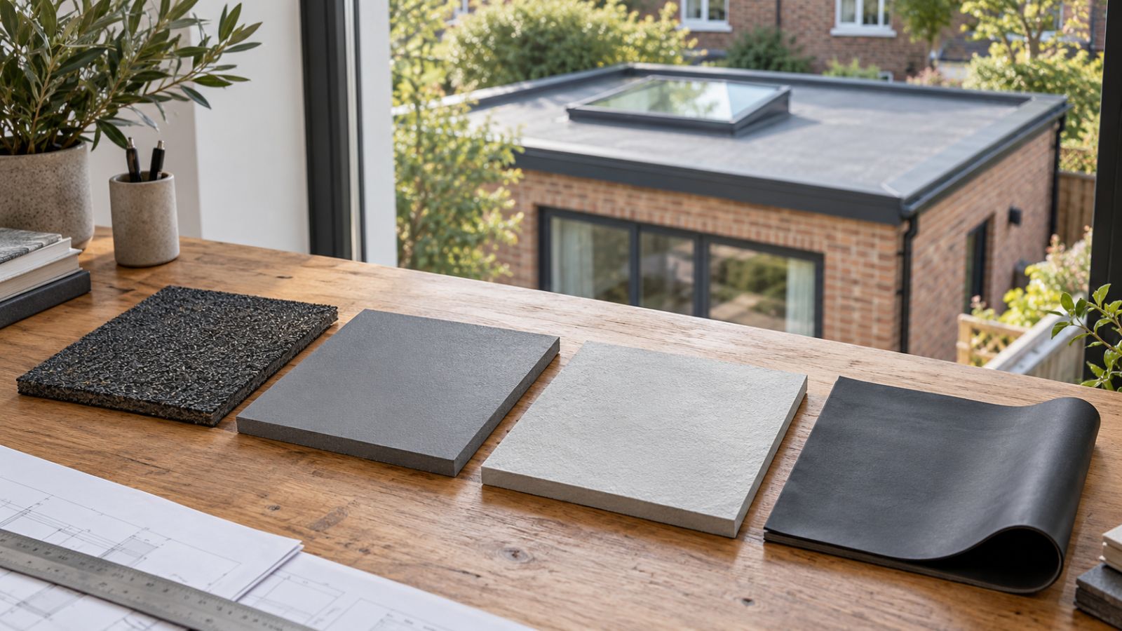 AI concept of four waterproofing material samples with a flat-roof extension in the background.