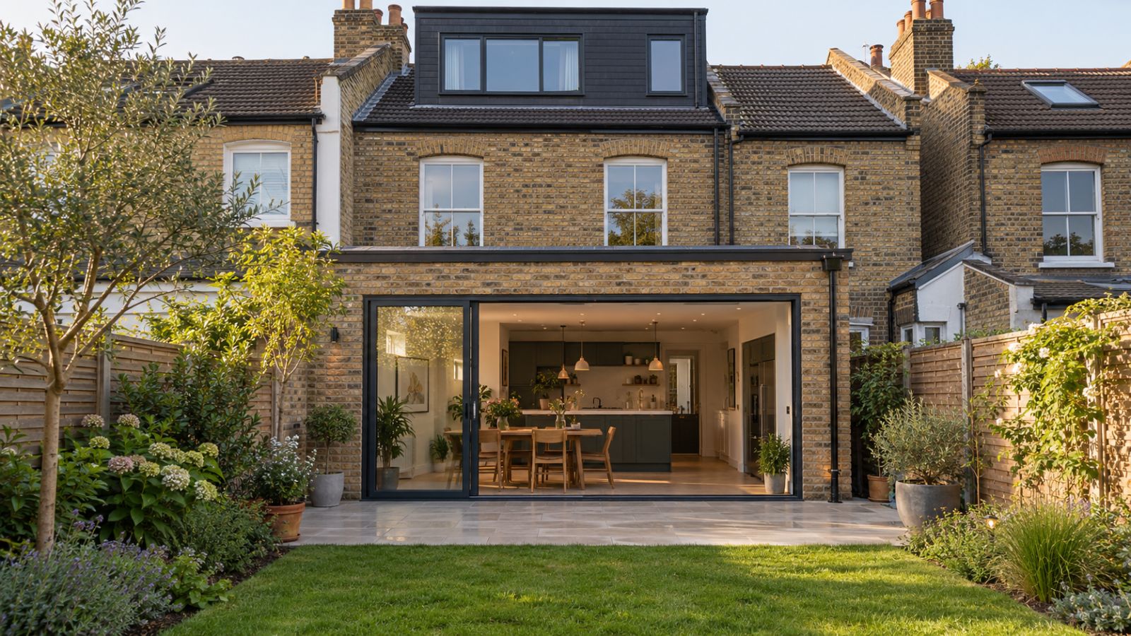 AI concept of a London terraced home with a rear kitchen extension, garden and dormer loft conversion.