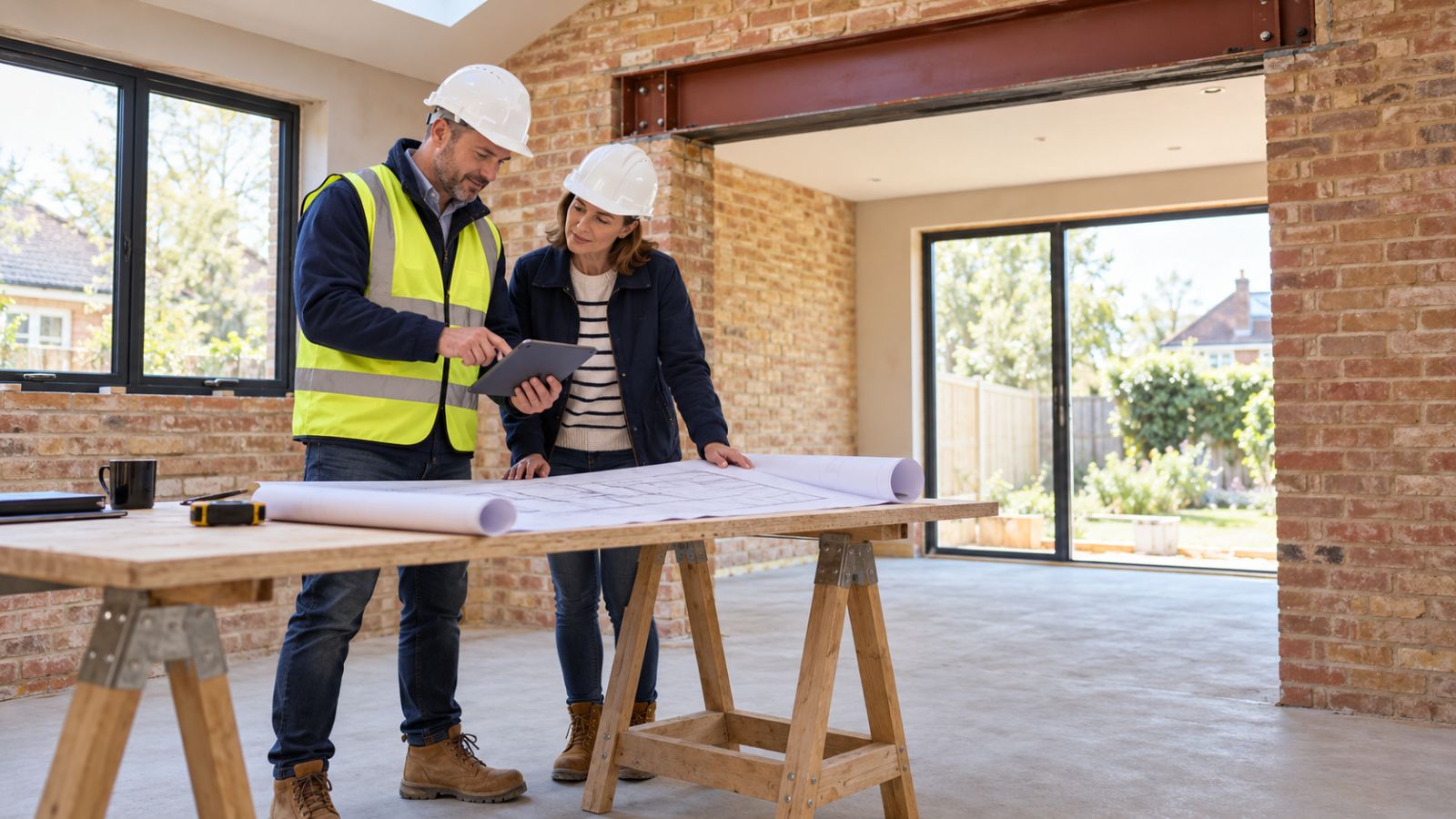 A building professional and homeowner reviewing plans inside a house extension in an AI-generated illustration.