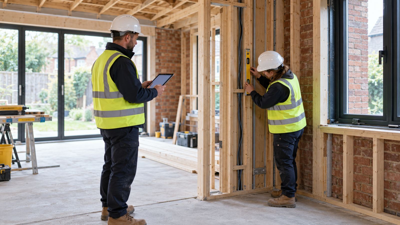 AI concept of two construction professionals checking exposed framing and recording an inspection on a tablet.