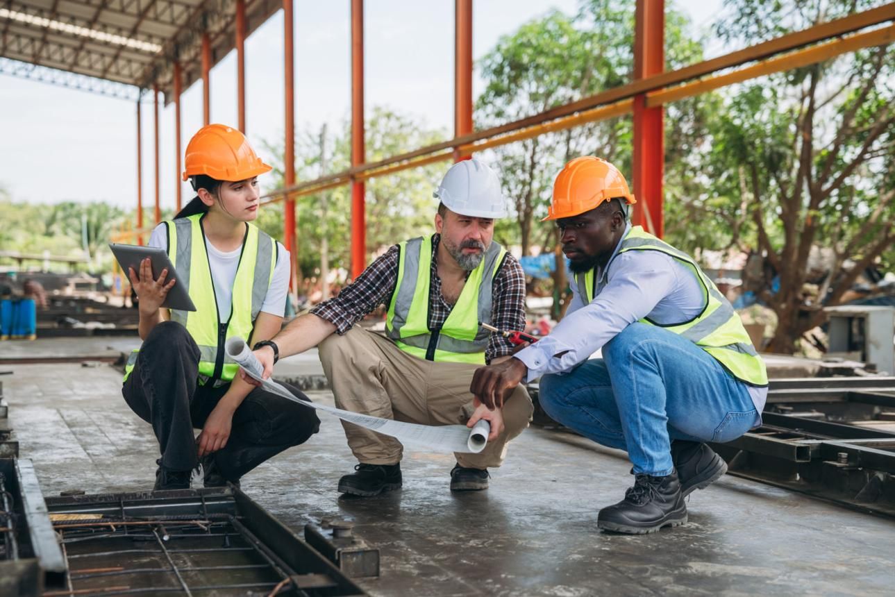 Engineers reviewing drawings together on a construction site