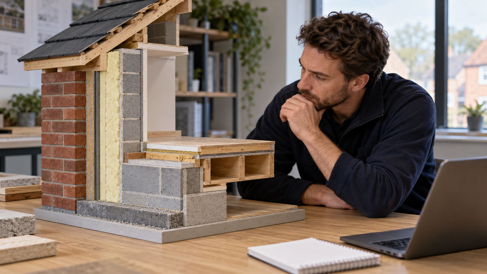AI concept of a consultant studying the wall and floor junction of a physical house model.