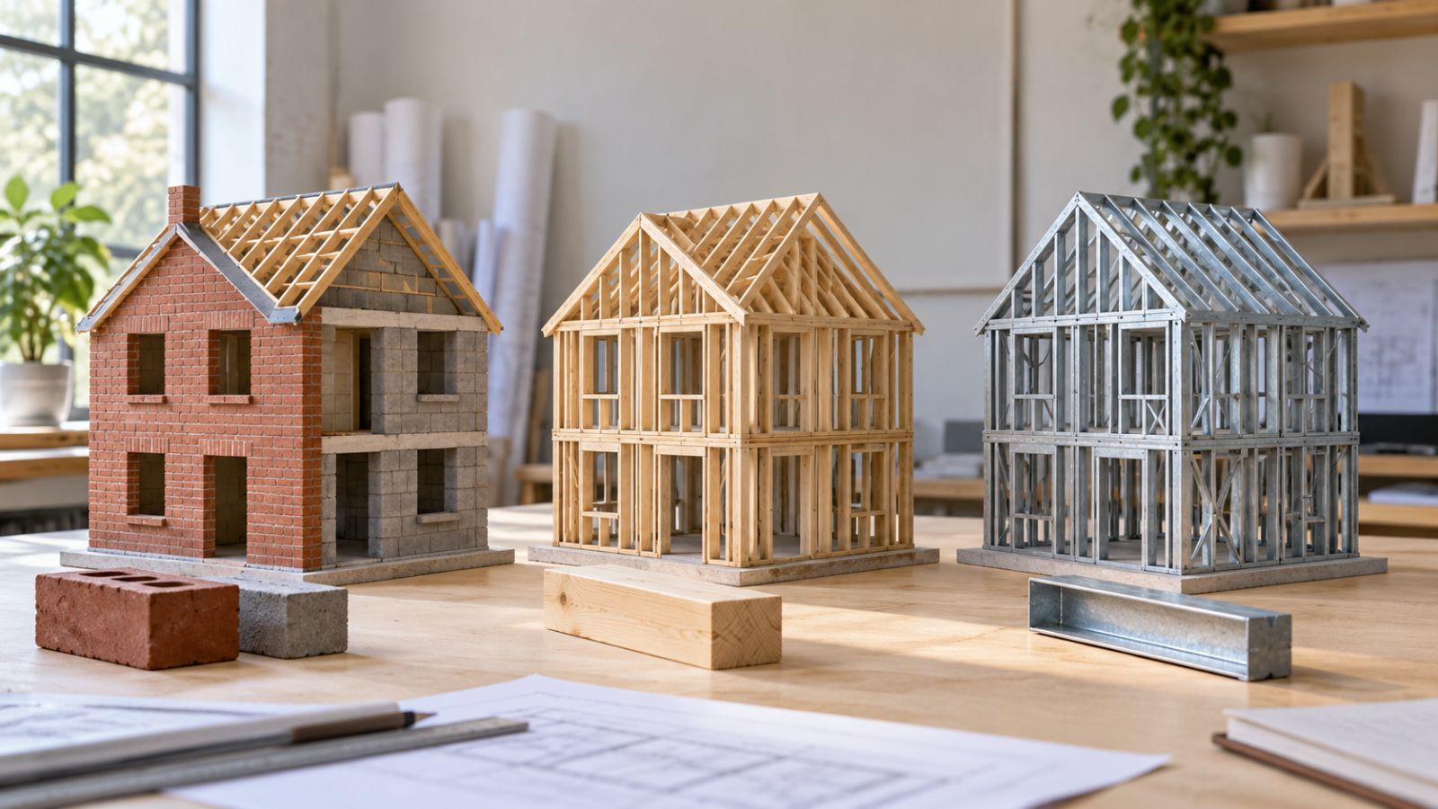 Three architectural house models with masonry, timber and steel samples in an AI-generated studio scene.