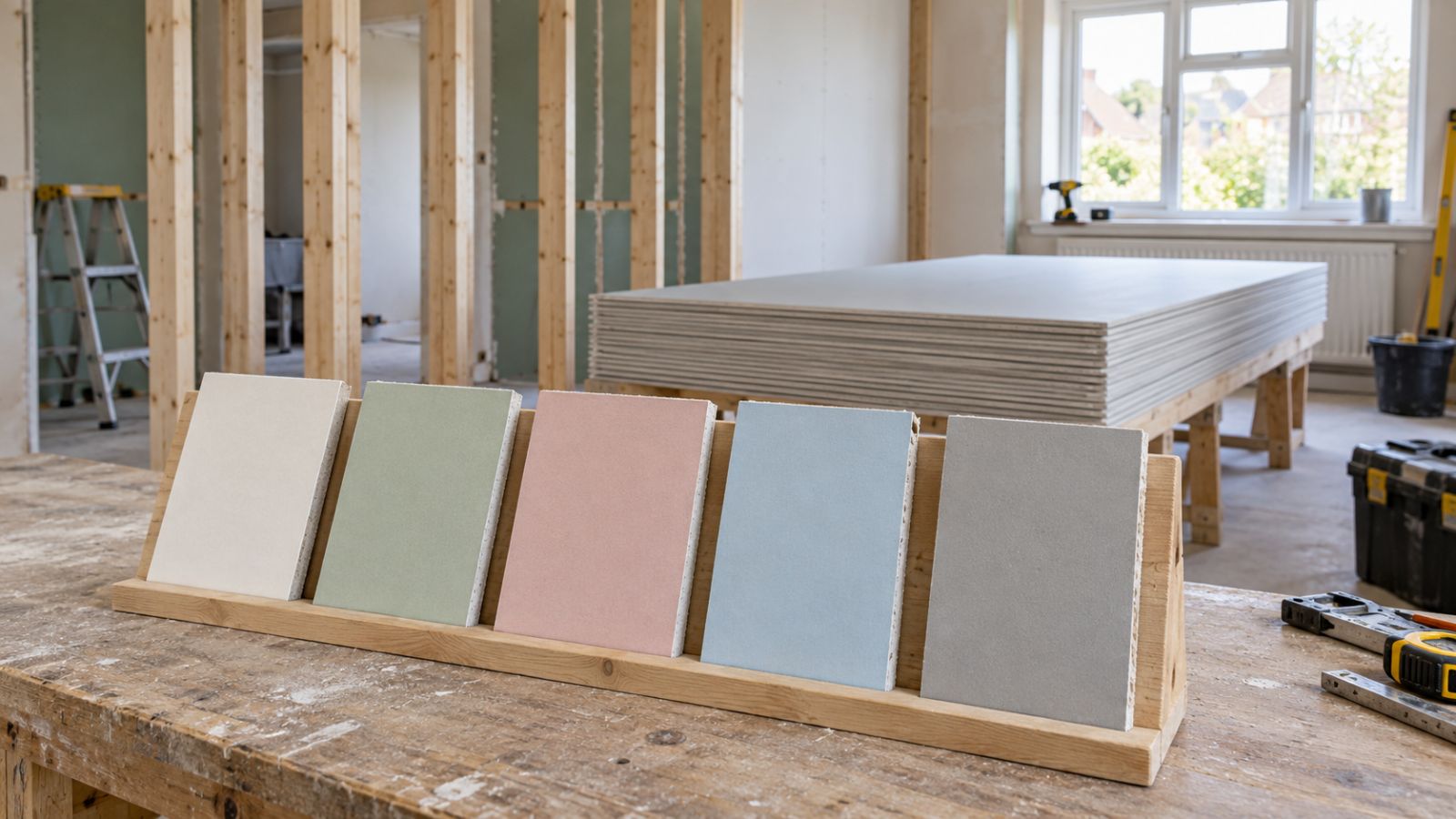 AI concept of five plasterboard samples in a drylining area during a home renovation.
