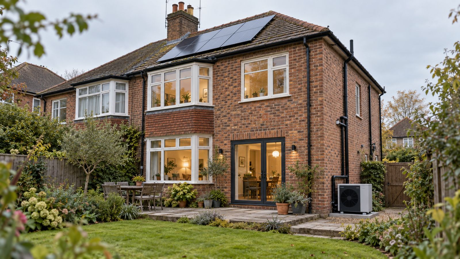 AI concept of a brick semi-detached home with upgraded glazing, rooftop solar panels and an outdoor heat pump.