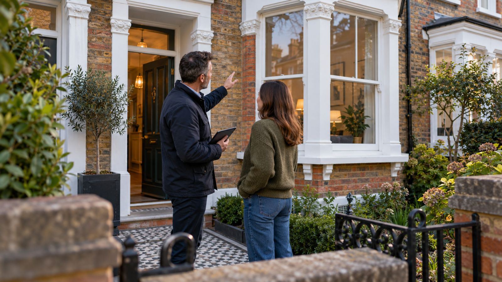 An energy assessor and homeowner discussing a brick terrace house in an AI-generated illustration.