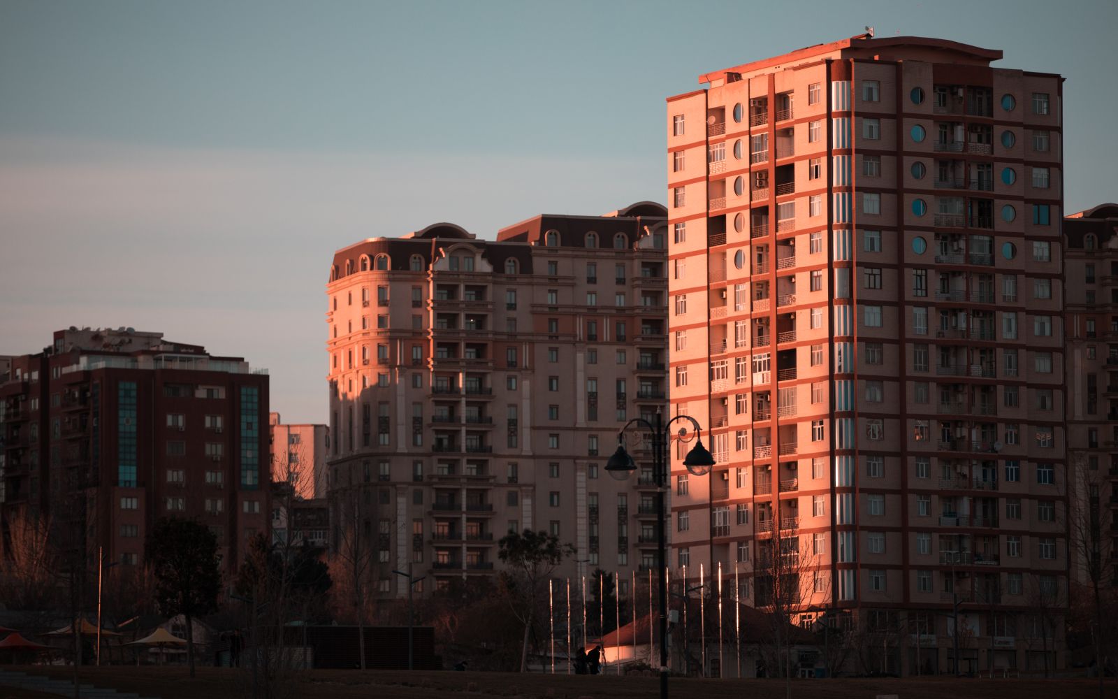 Completed modern apartment buildings in evening light